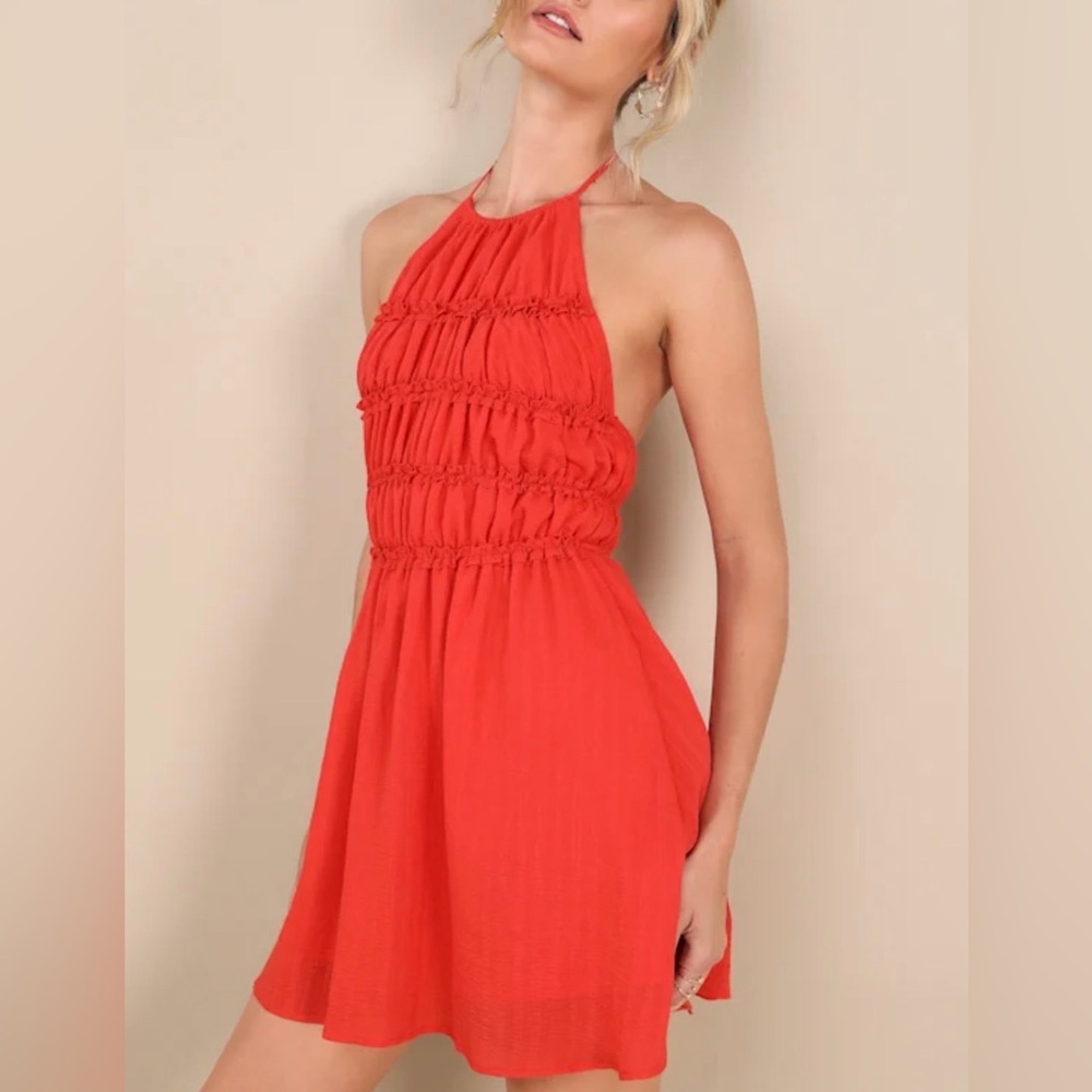 Lulu’s Kallina Red Orange Ruffled Halter Neck Mini Dress NWT